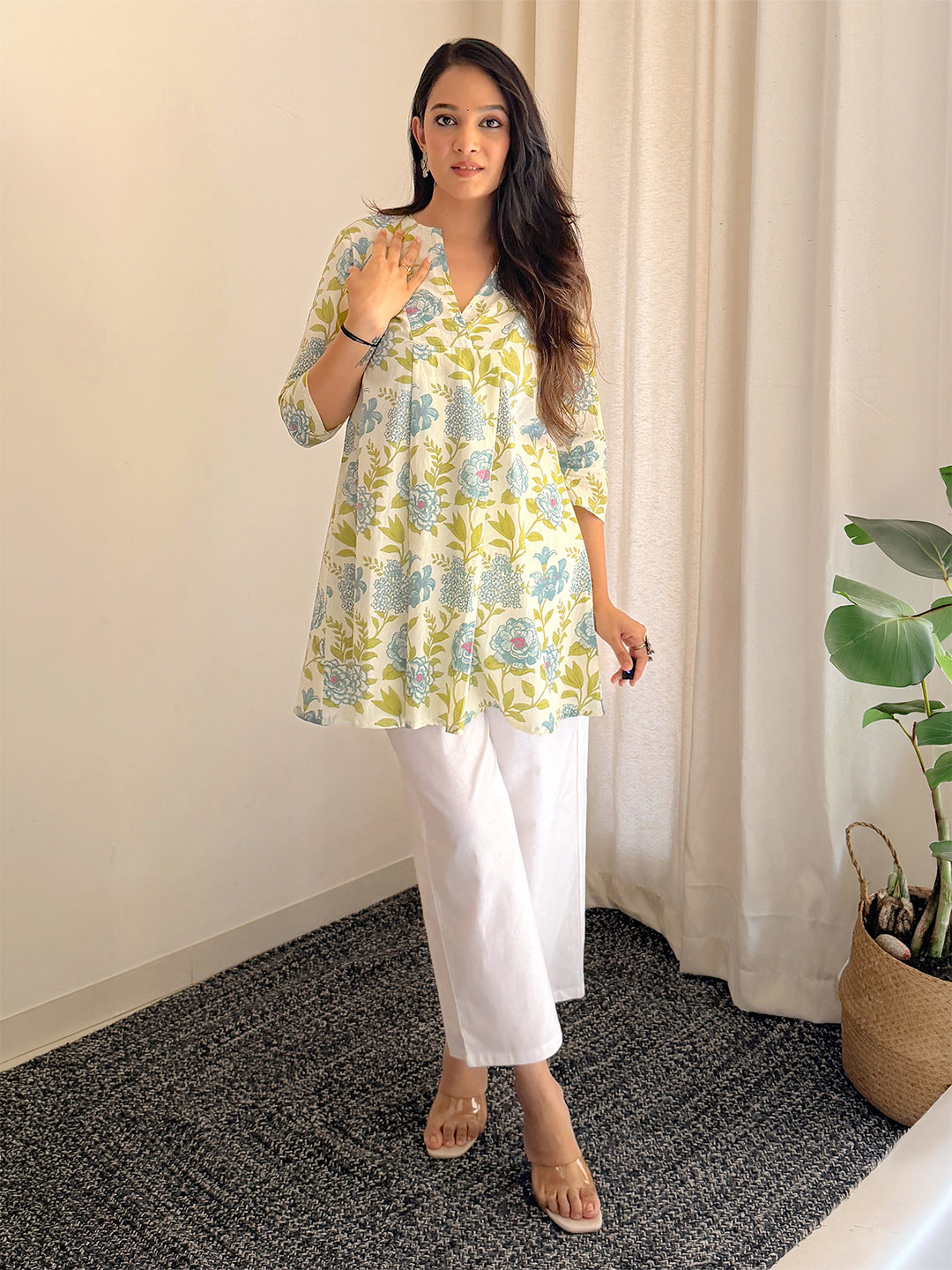 Off White Cotton Floral Tunic