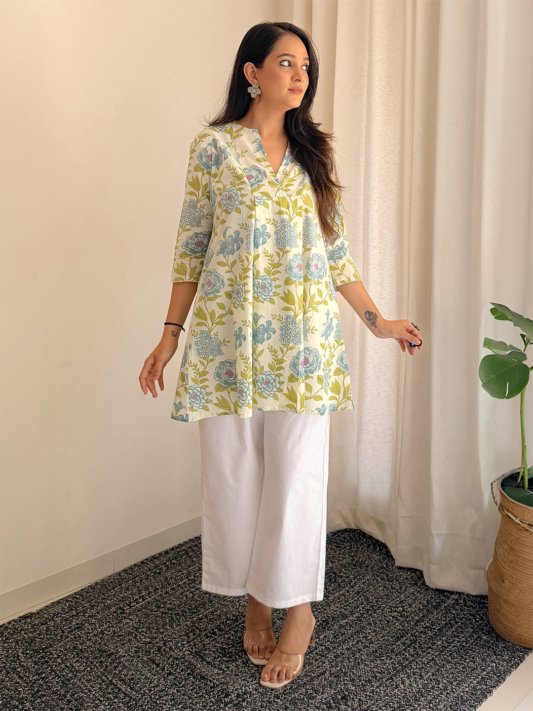Plus Size Off White Pure Cotton Floral Printed A-line Tunic