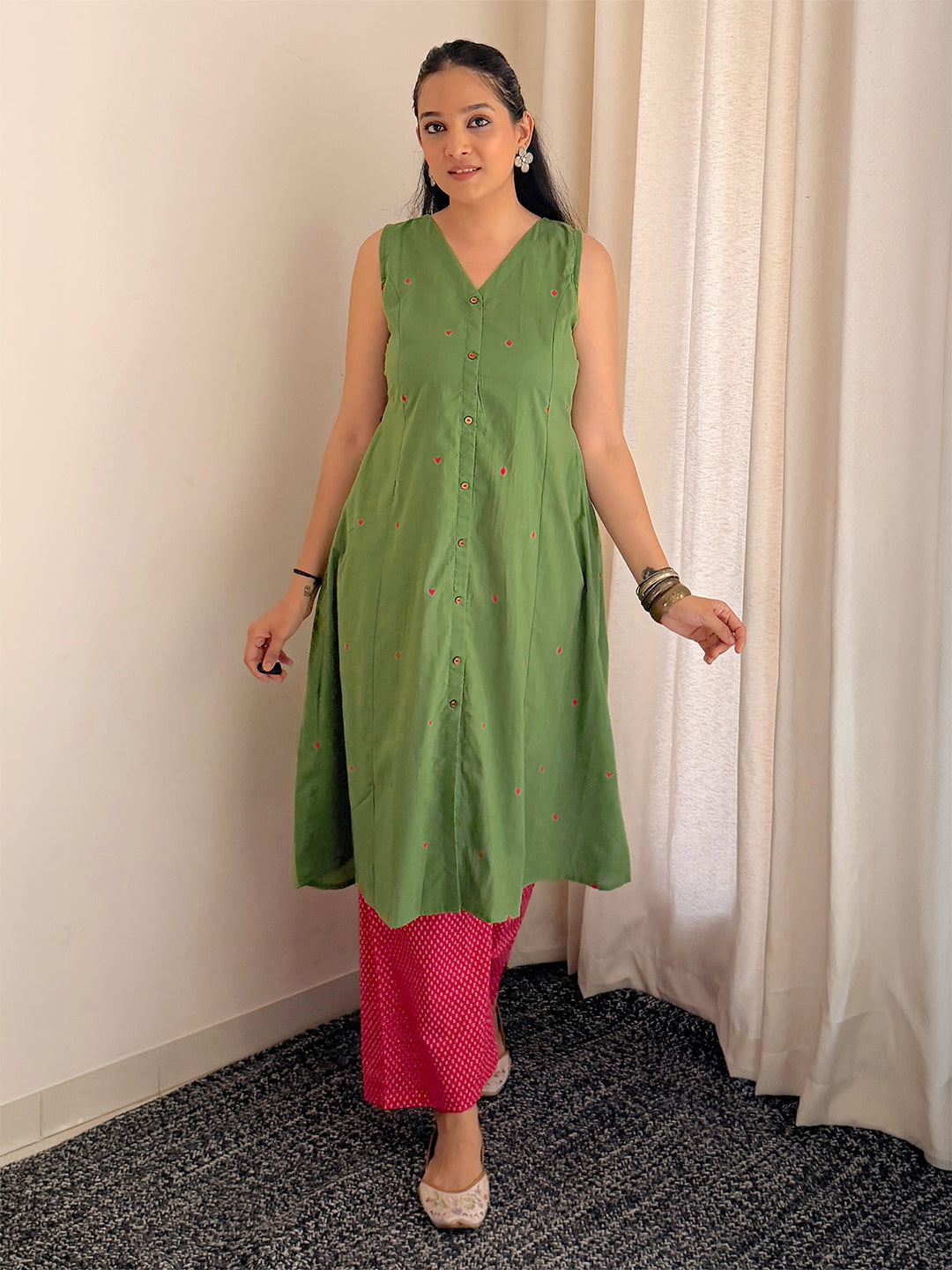 Green Cotton Geometric A-Line Kurta Set