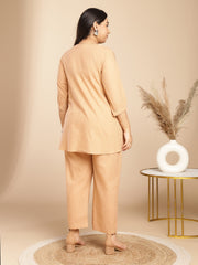 Peach Cotton Jacquard Self Design Pleated Co-Ord Set