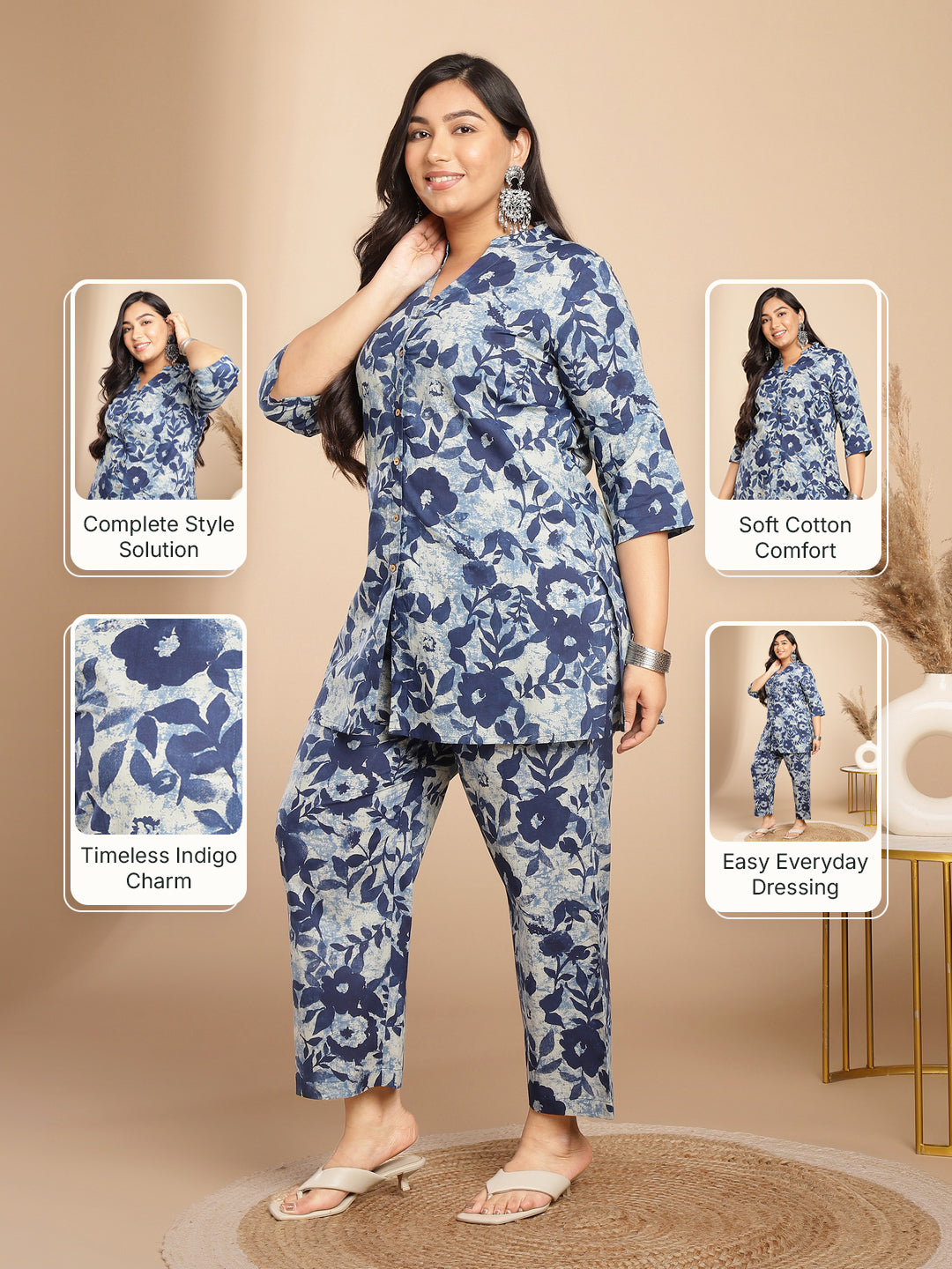 Plus Size Indigo Cotton Floral A-Line Co-ord Set