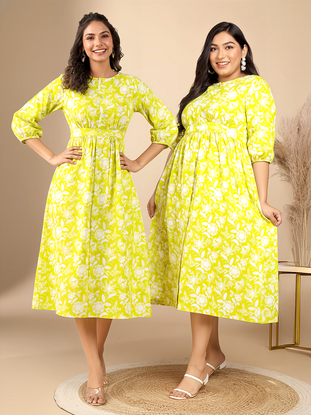 Plus Size Lime Cotton Floral Gathered Dress