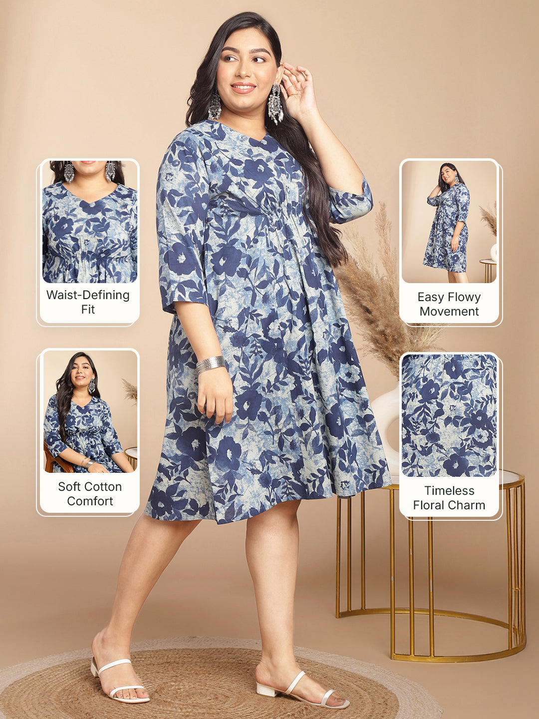 Plus Size Indigo Cotton Floral Gathered Dress
