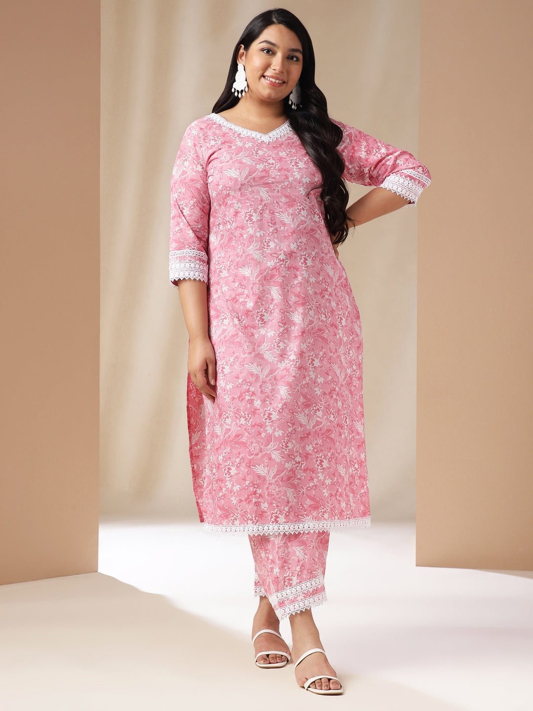 Pink Cotton Floral Regular Kurta Set