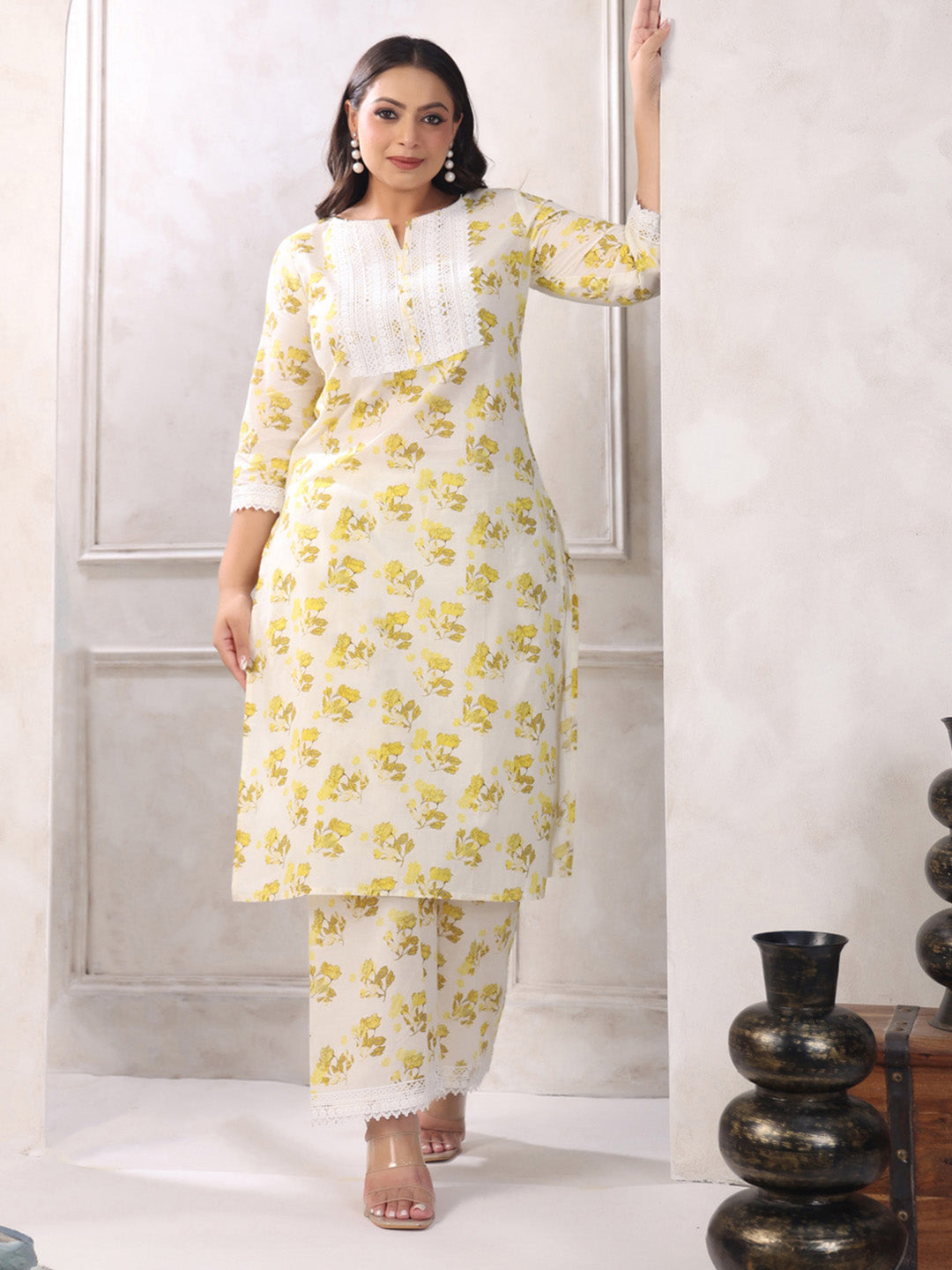 Plus Size Off White Pure Cotton Floral Printed Straight Kurta Set