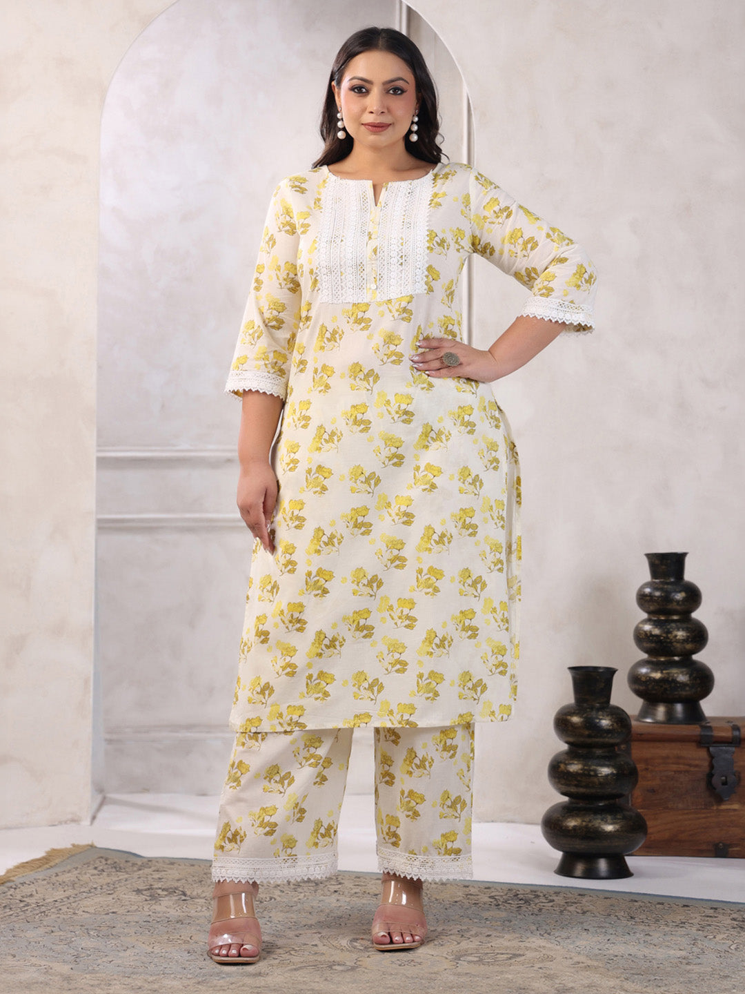 Plus Size Off White Pure Cotton Floral Printed Straight Kurta Set