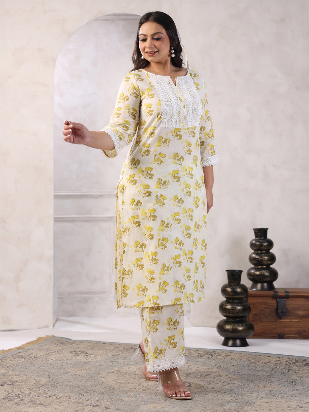 Plus Size Off White Pure Cotton Floral Printed Straight Kurta Set