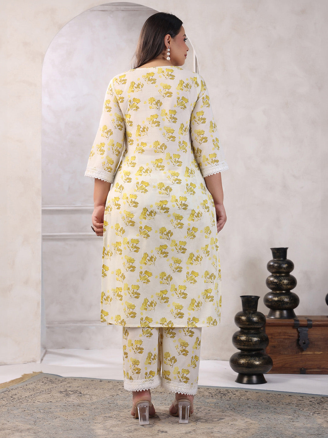 Plus Size Off White Pure Cotton Floral Printed Straight Kurta Set