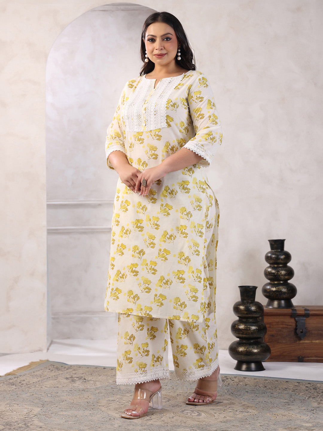 Plus Size Off White Pure Cotton Floral Printed Straight Kurta Set