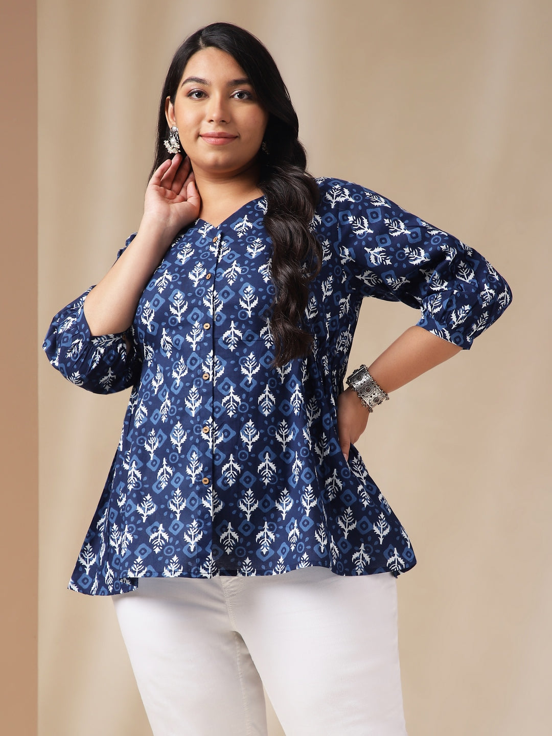 Plus Size Indigo Cotton Ethnic Motif Top