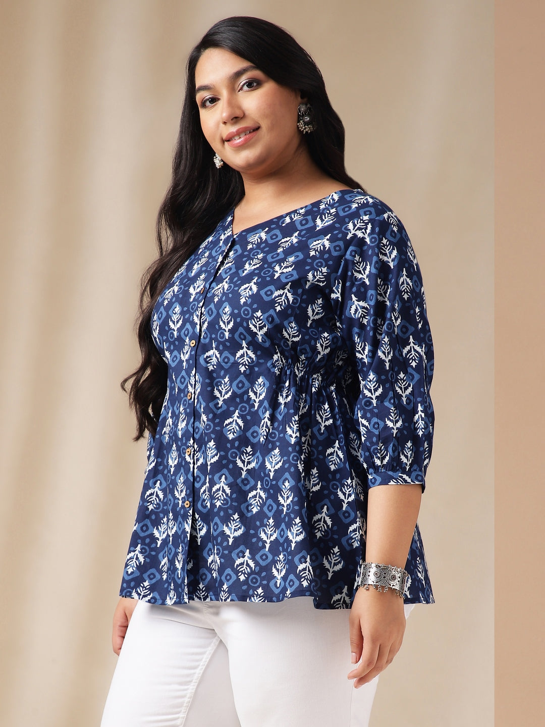 Plus Size Indigo Cotton Ethnic Motif Top