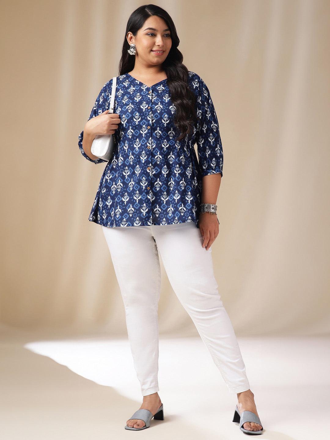 Plus Size Indigo Cotton Ethnic Motif Top