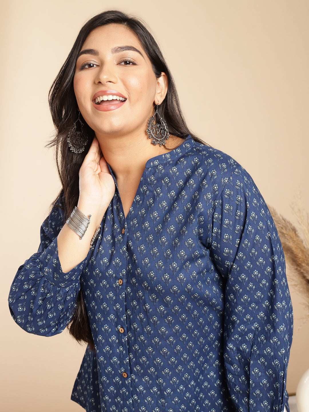 Plus Size Indigo Cotton Floral Tunic