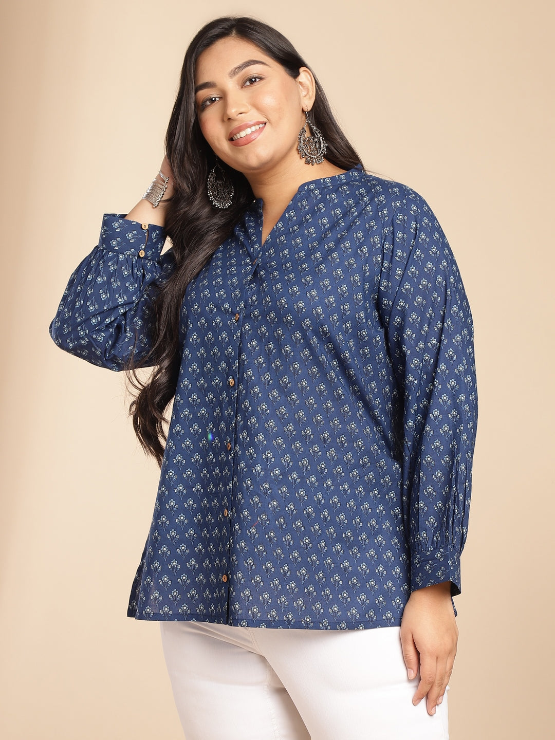 Plus Size Indigo Cotton Floral Tunic