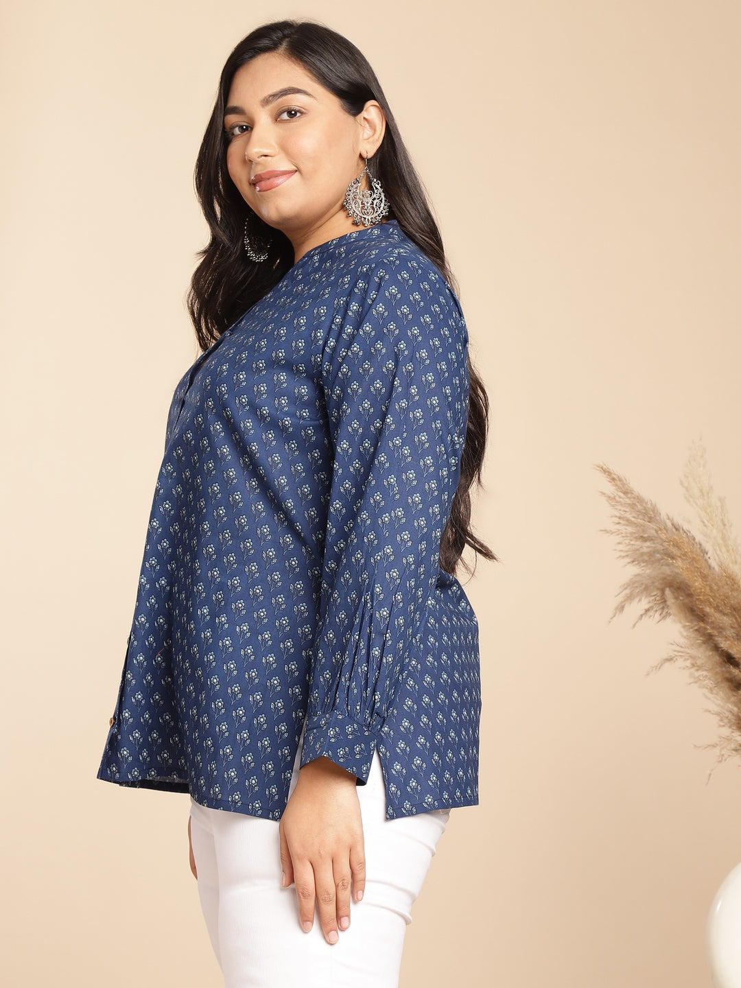 Plus Size Indigo Cotton Floral Tunic