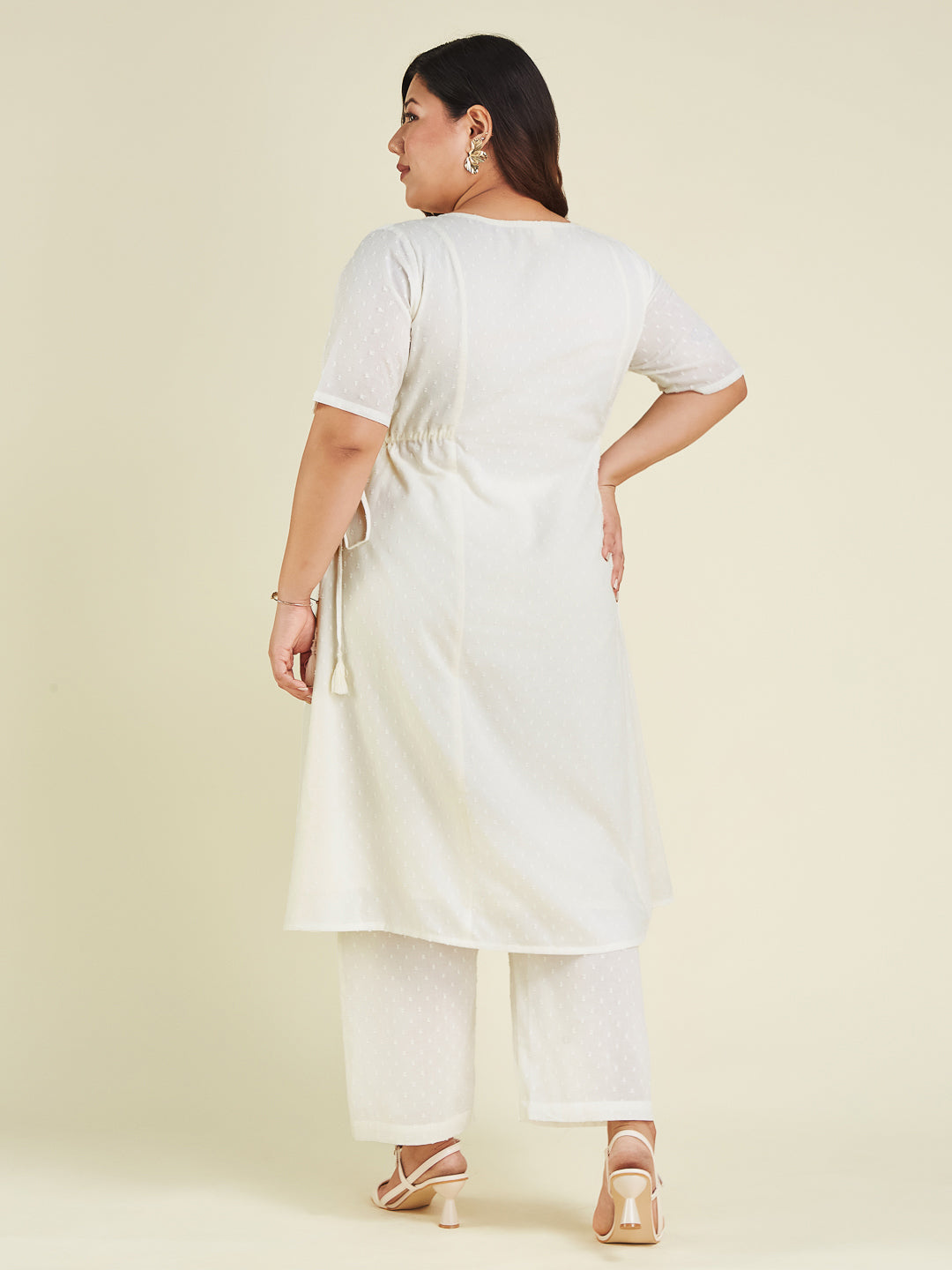 Janasya Women's Plus Size Off White Dobby Pure Cotton Self Design A-line Kurta Pant Set