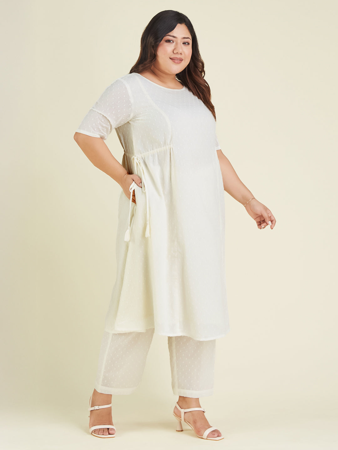 Janasya Women's Plus Size Off White Dobby Pure Cotton Self Design A-line Kurta Pant Set