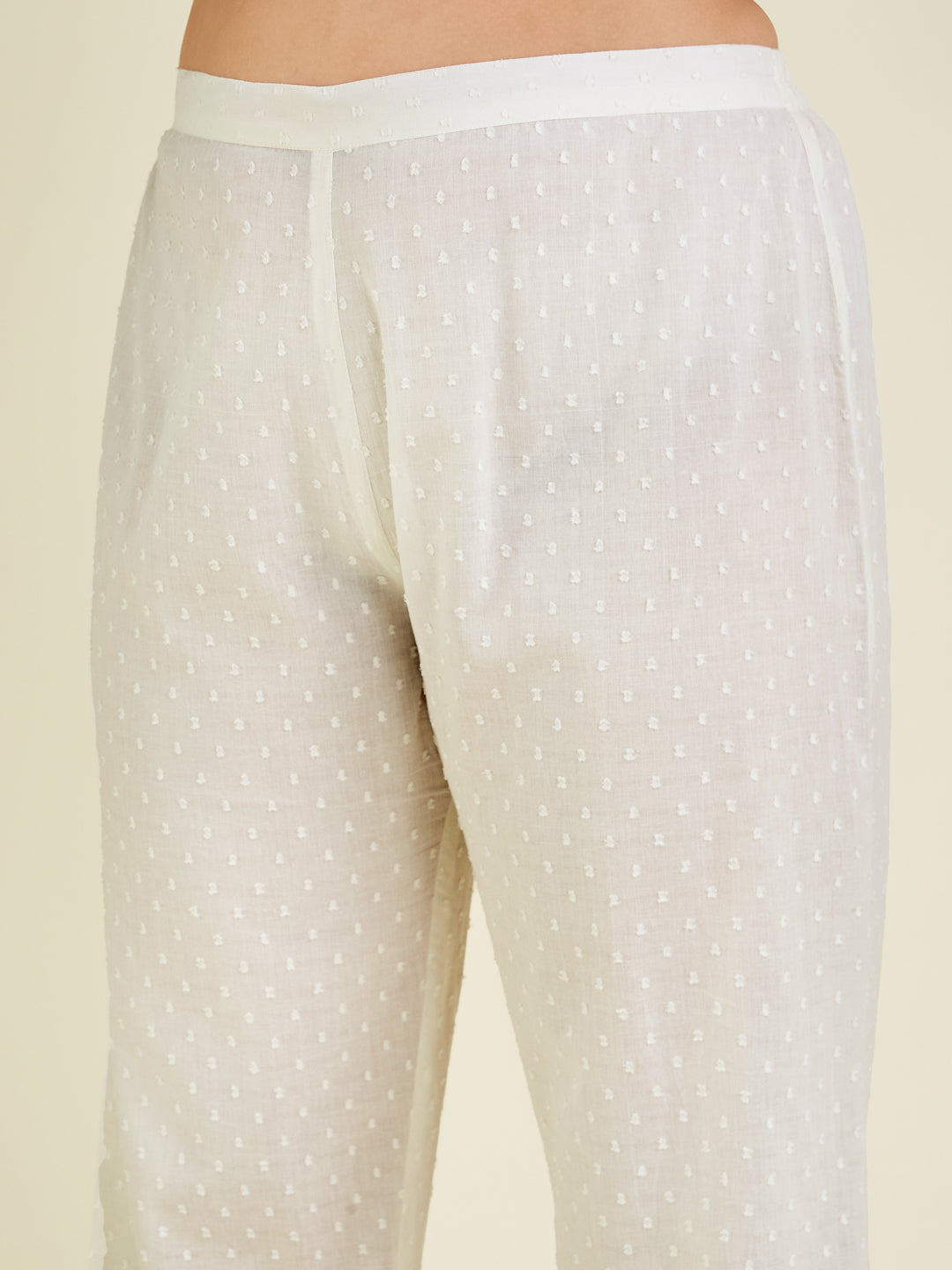 Janasya Women's Plus Size Off White Dobby Pure Cotton Self Design A-line Kurta Pant Set