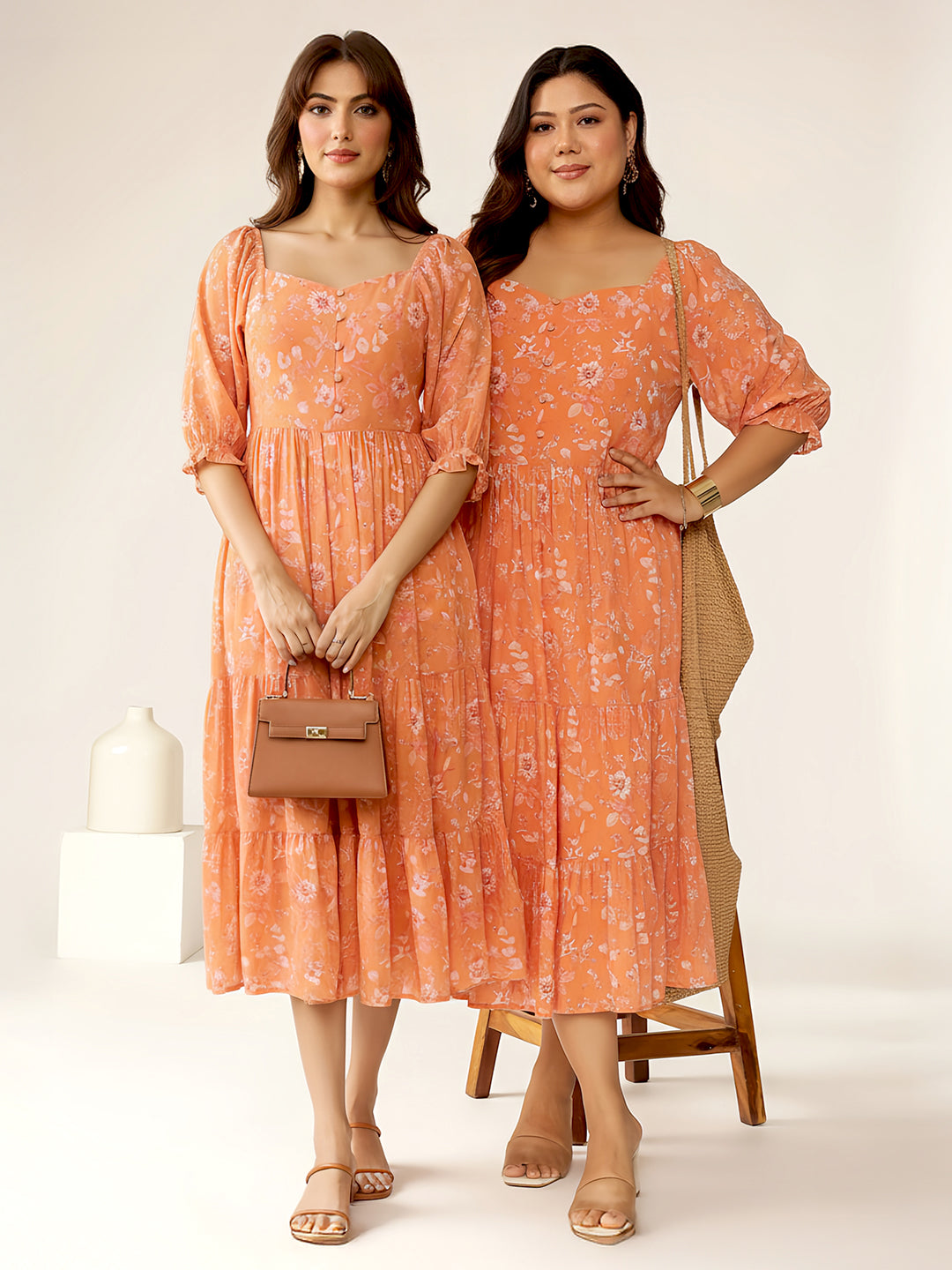 Orange Georgette Floral Printed Tiered Dress