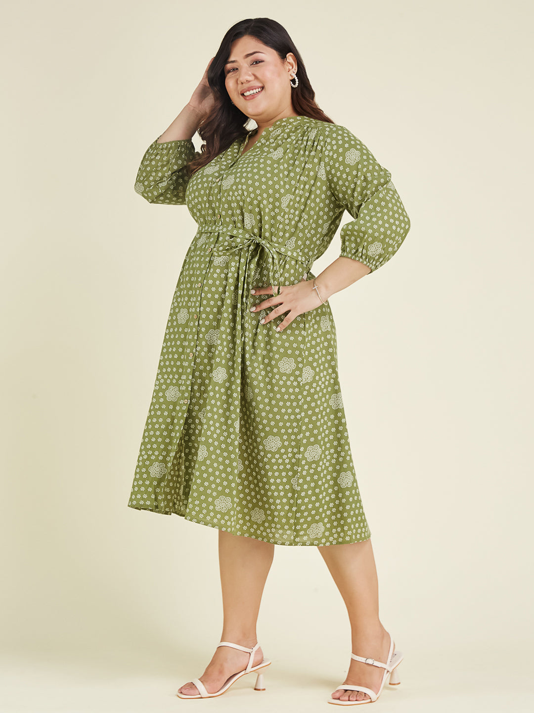 Janasya Women's Plus Size Olive Green Pure Cotton Floral Printed A-line Dress