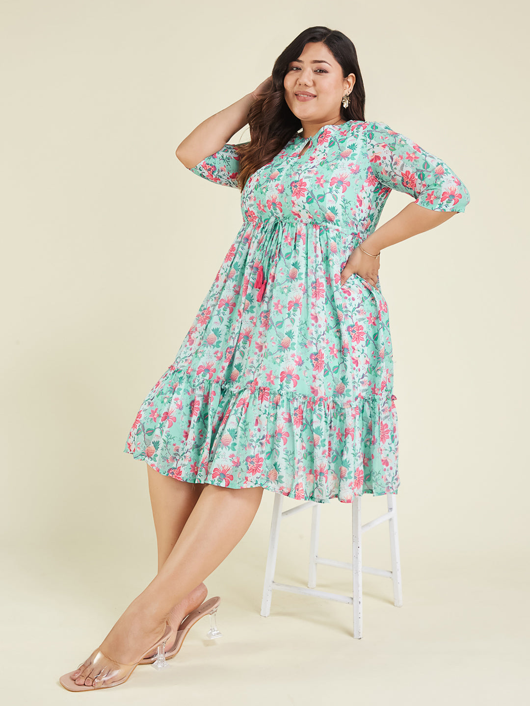 Janasya Women's Plus Size Aqua Georgette Floral Printed Fit & Flare Dress