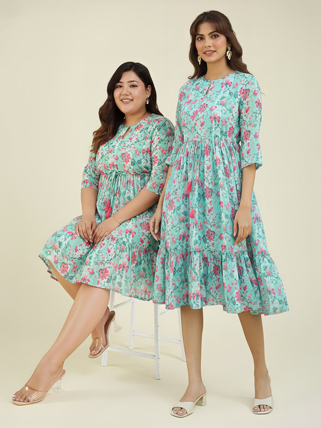 Janasya Women's Plus Size Aqua Georgette Floral Printed Fit & Flare Dress