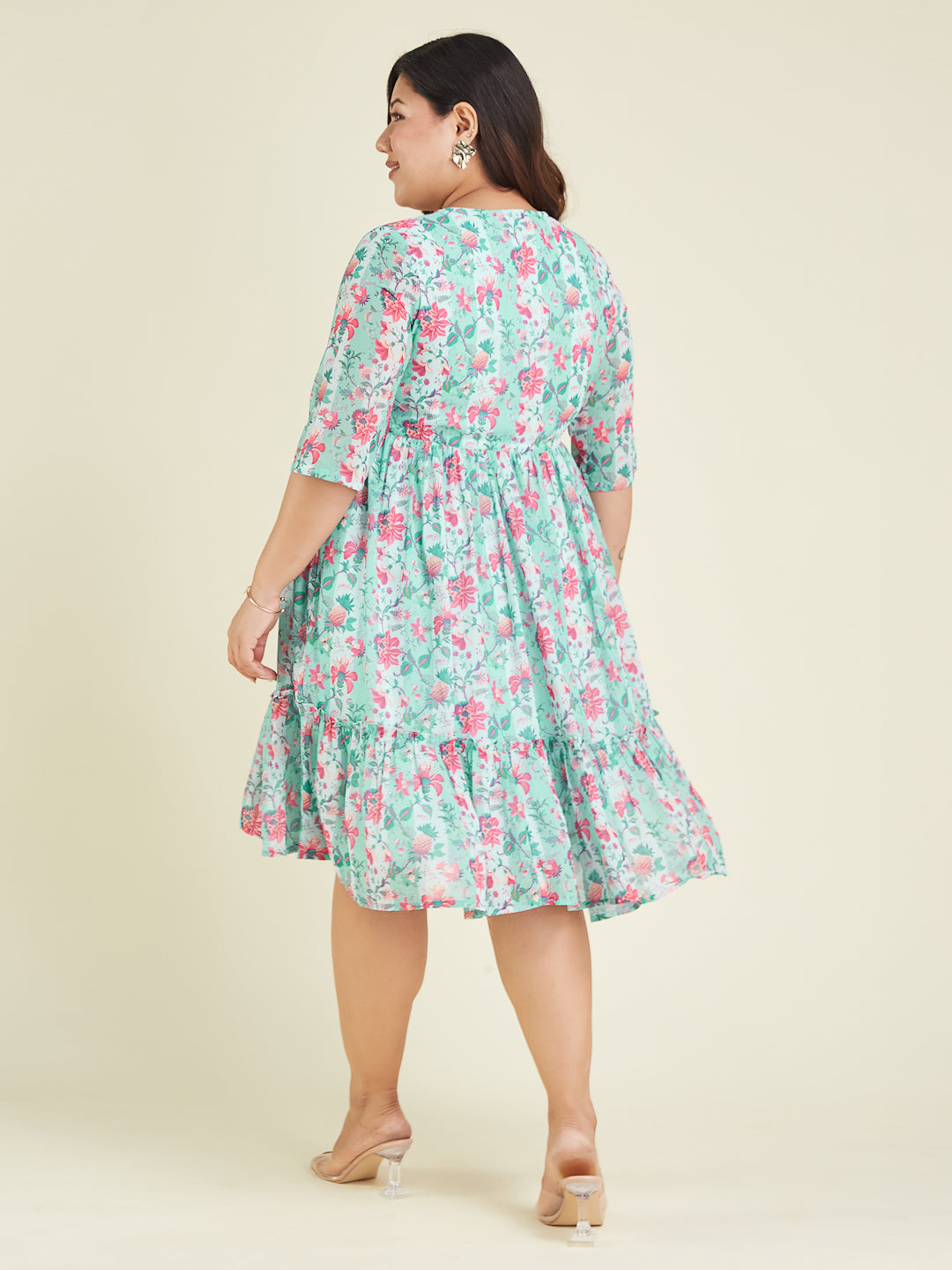 Janasya Women's Plus Size Aqua Georgette Floral Printed Fit & Flare Dress