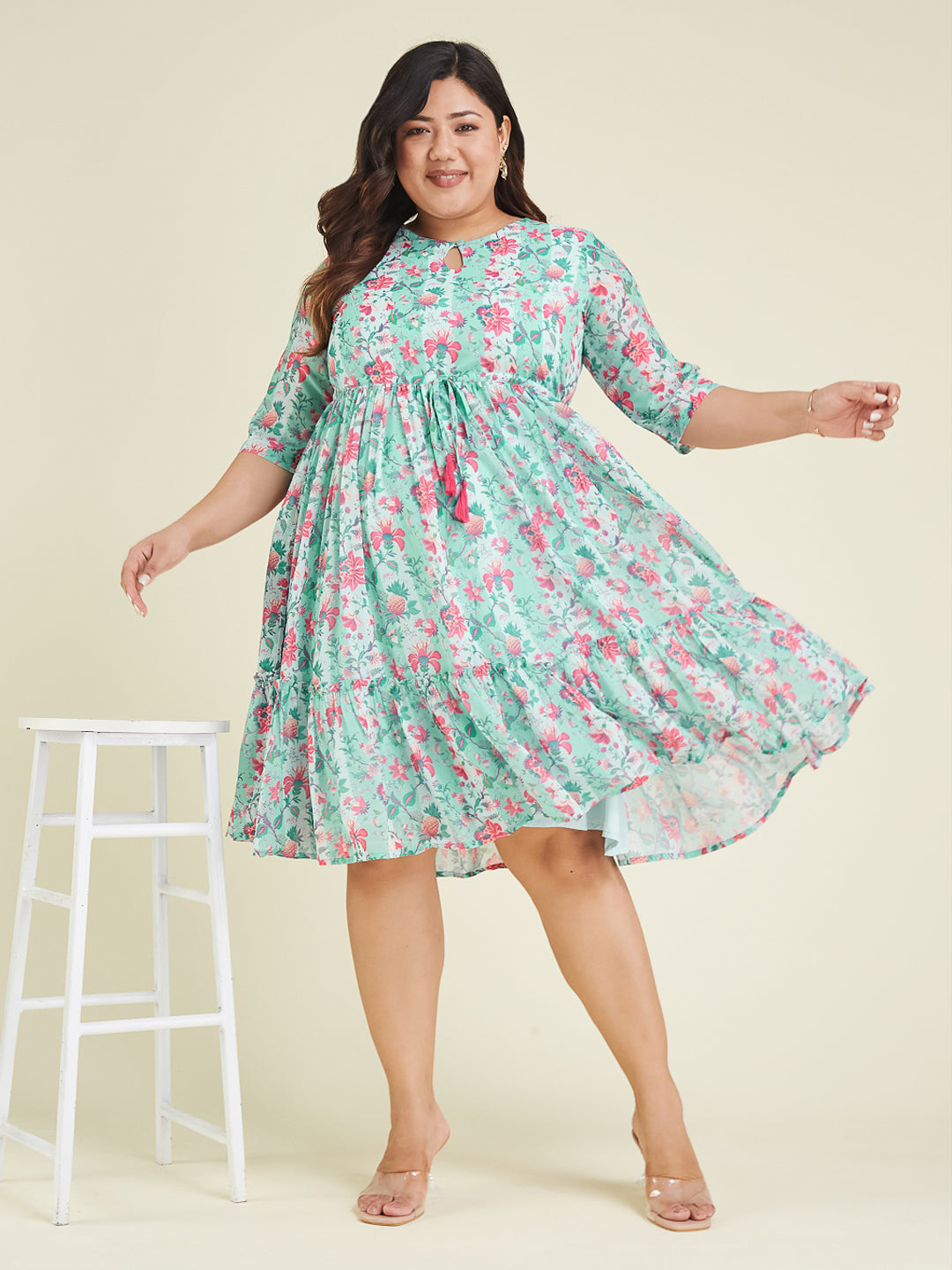 Janasya Women's Plus Size Aqua Georgette Floral Printed Fit & Flare Dress