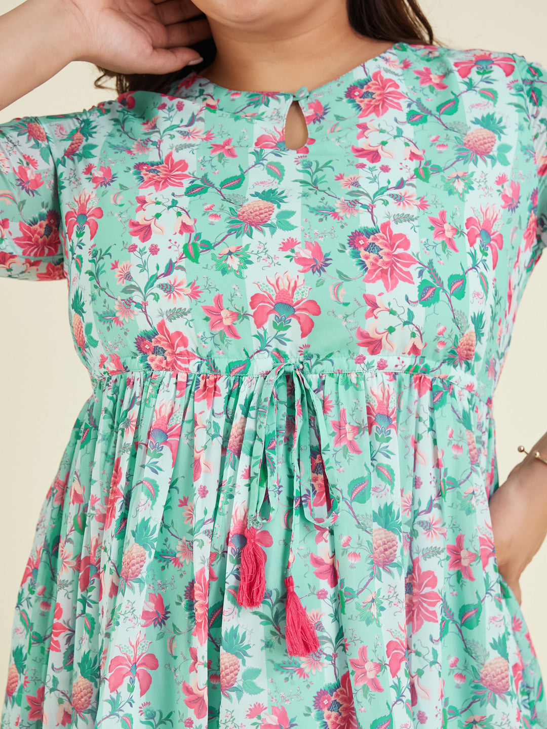 Janasya Women's Plus Size Aqua Georgette Floral Printed Fit & Flare Dress