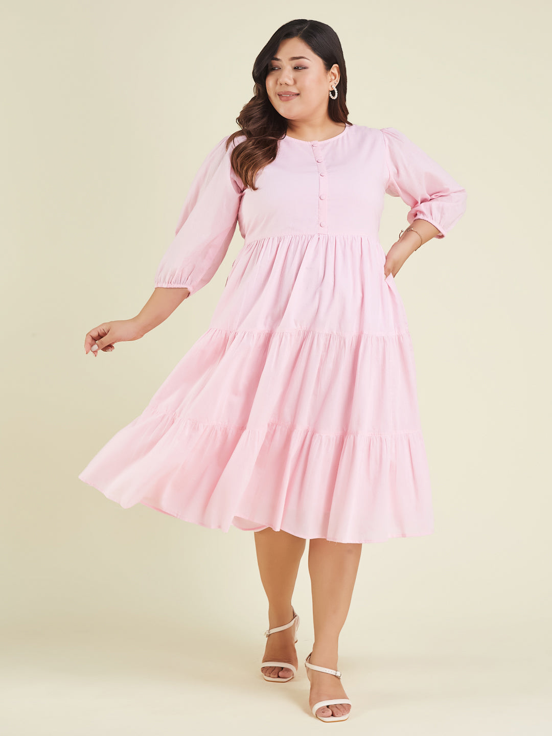 Janasya Women's Plus Size Pink Pure Cotton Solid Tiered Dress