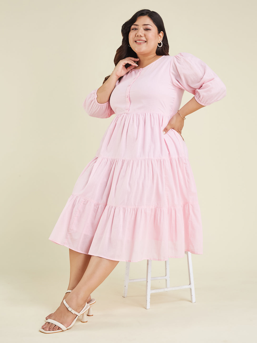 Janasya Women's Plus Size Pink Pure Cotton Solid Tiered Dress