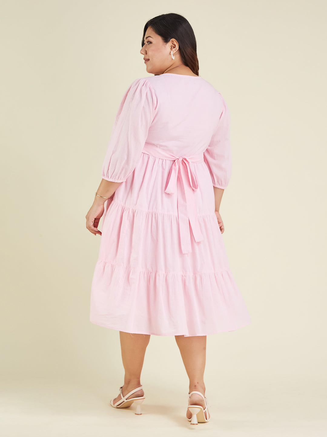 Janasya Women's Plus Size Pink Pure Cotton Solid Tiered Dress