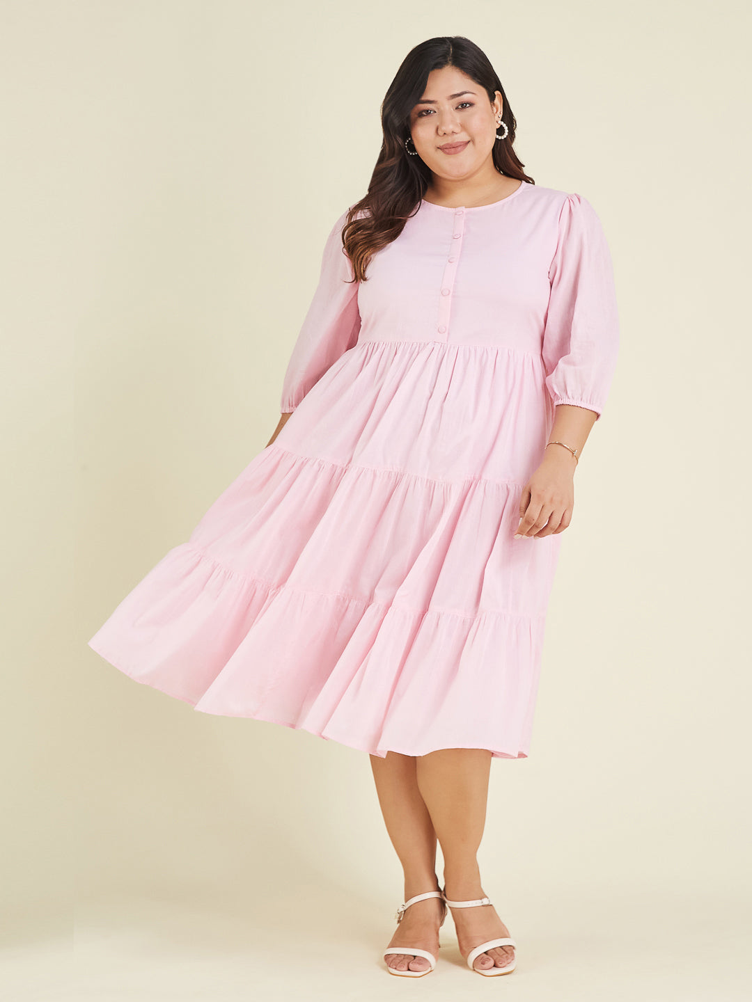 Janasya Women's Plus Size Pink Pure Cotton Solid Tiered Dress