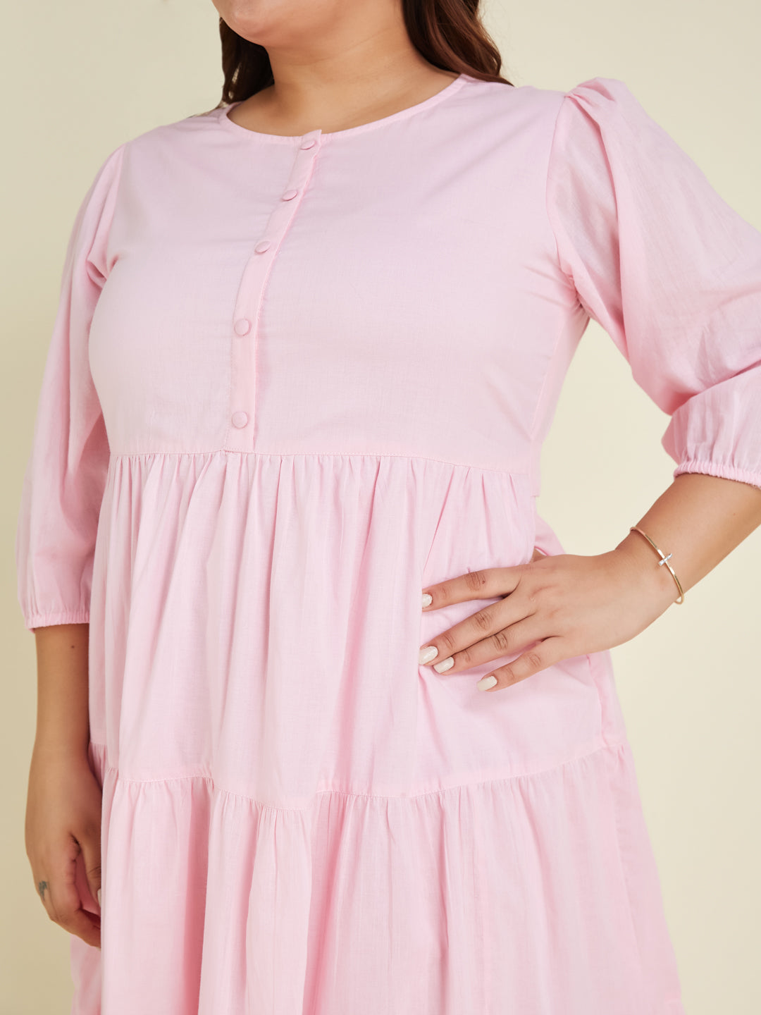 Janasya Women's Plus Size Pink Pure Cotton Solid Tiered Dress
