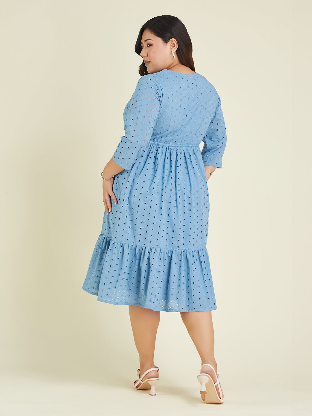 Janasya Women's Plus Size Light Blue Pure Cotton Schiffli Fit & Flare Dress