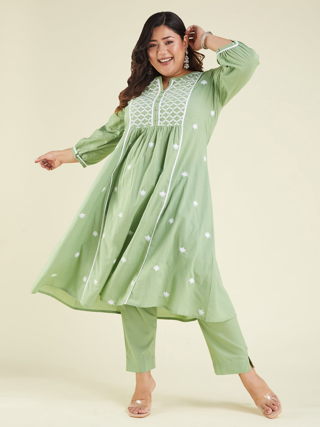 Janasya Women's Light Green Pure Cotton Embroidered A-line Kurta Set
