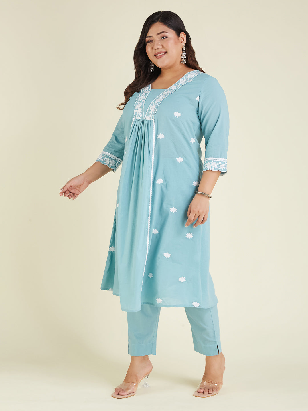 Janasya Women's Plus Size Light Blue Pure Cotton Embroidered A-line Kurta Pant Set