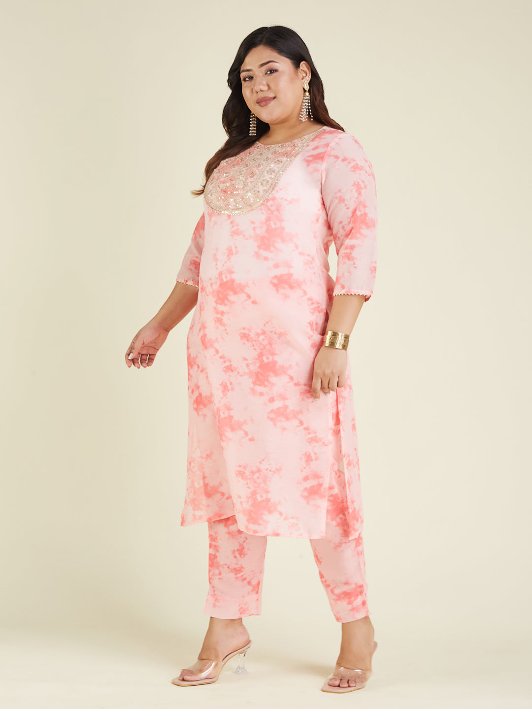 Janasya Women's Plus Size Peach Silk Blend Tie & Dye Embroidered Straight Kurta Pant Set