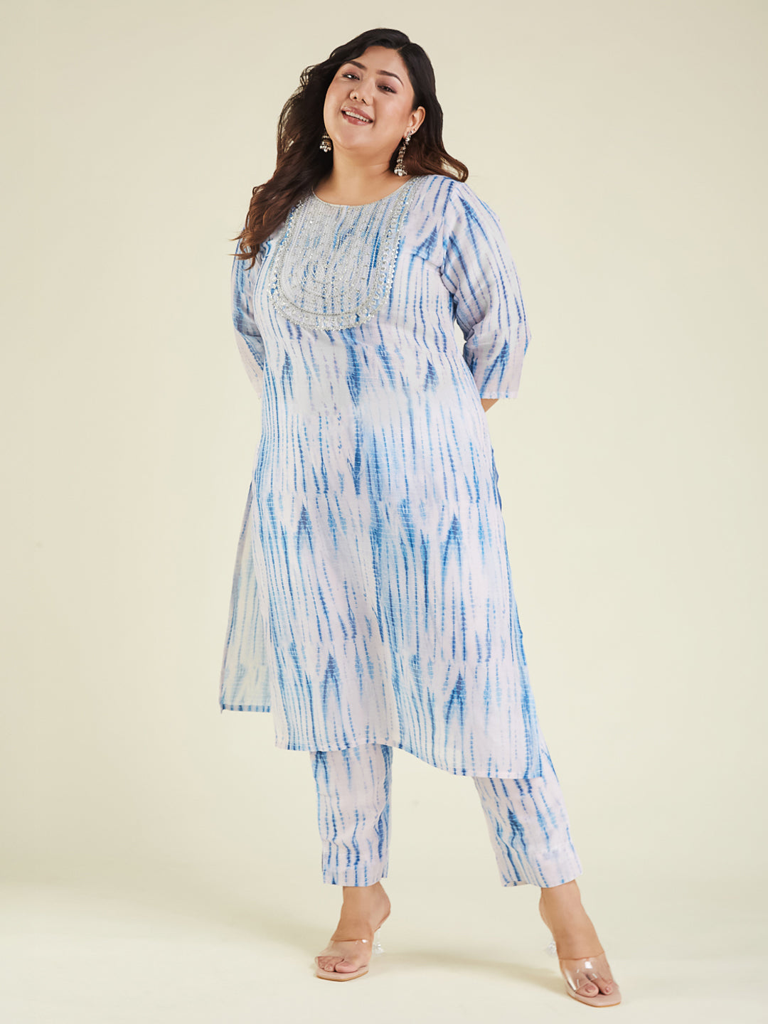 Janasya Women's Plus Size Blue Silk Blend Tie & Dye Yoke Embroidered Straight Kurta Pant Set