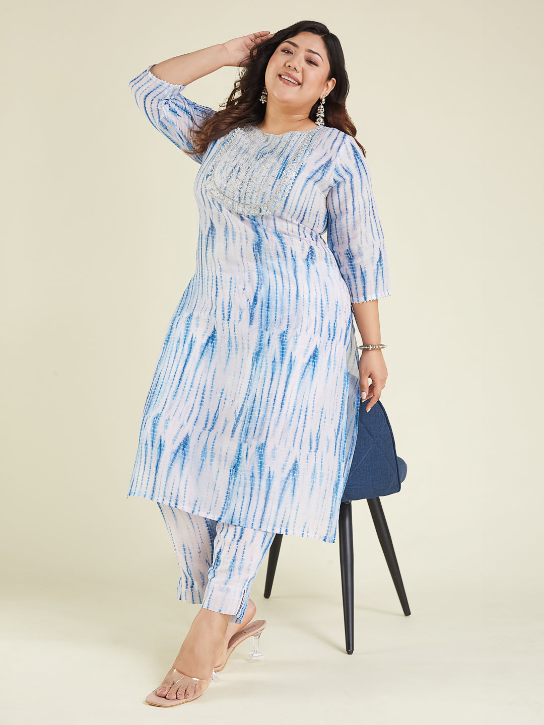 Janasya Women's Plus Size Blue Silk Blend Tie & Dye Yoke Embroidered Straight Kurta Pant Set