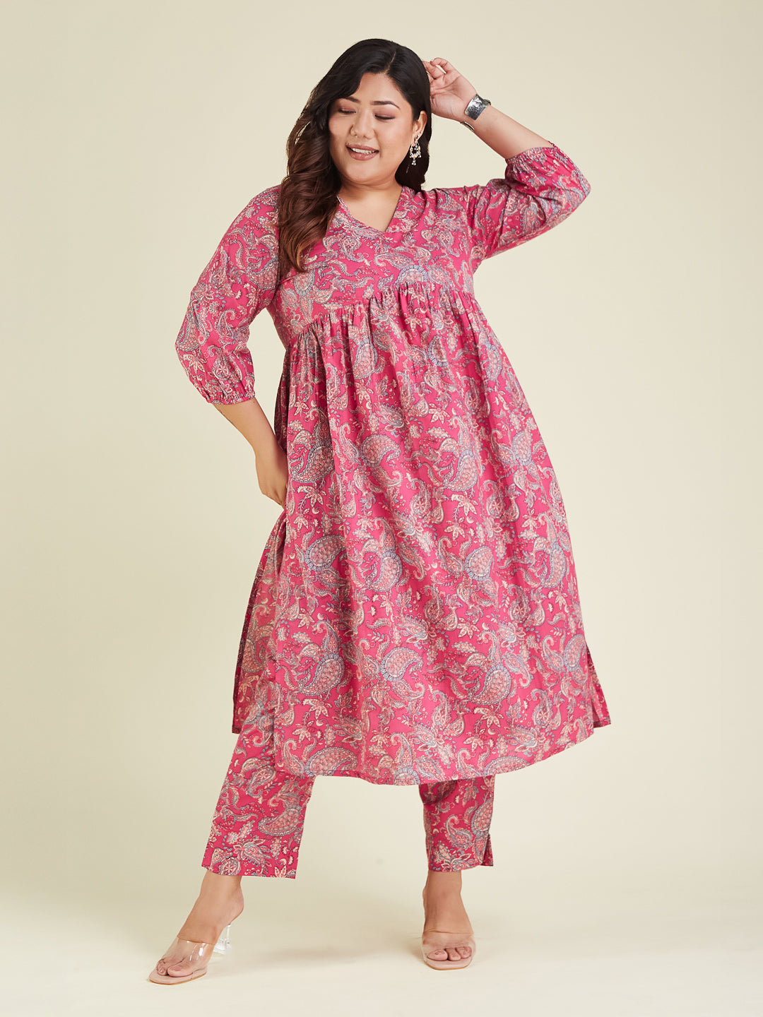 Janasya Women's Plus Size Pink Pure Cotton Floral Printed A-line Kurta Pant Set