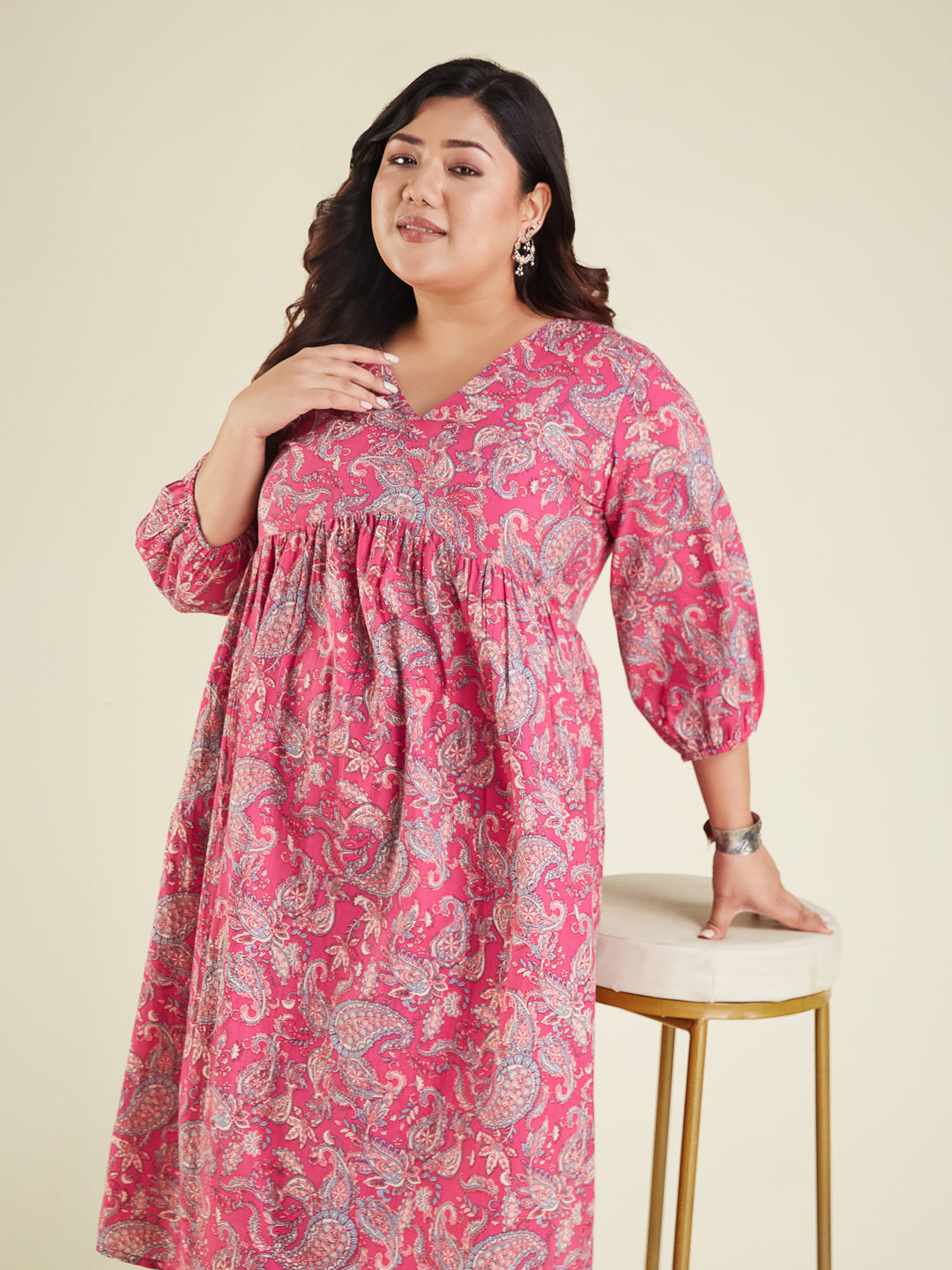 Janasya Women's Plus Size Pink Pure Cotton Floral Printed A-line Kurta Pant Set