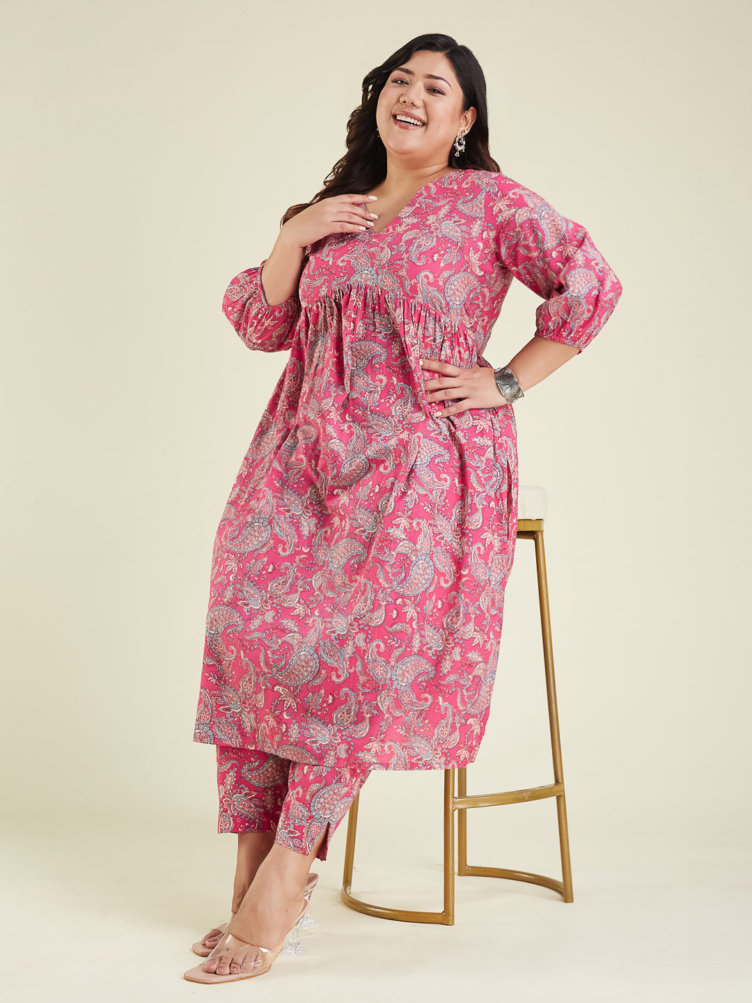 Janasya Women's Plus Size Pink Pure Cotton Floral Printed A-line Kurta Pant Set