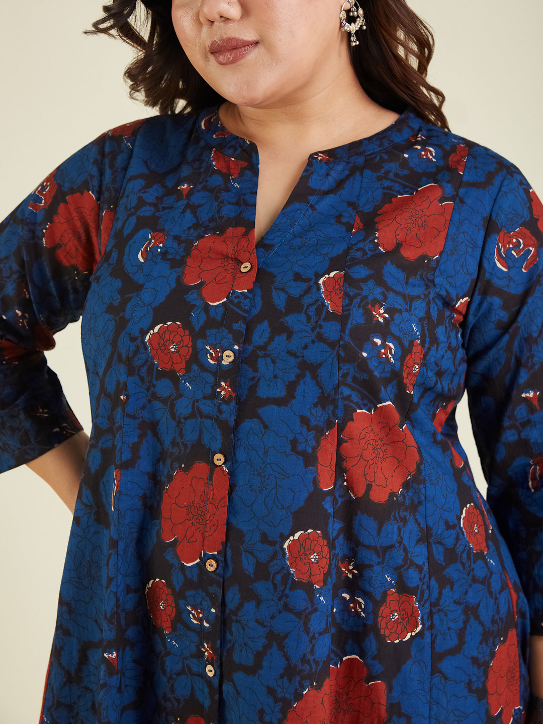 Janasya Women's Plus Size Navy Blue Pure Cotton Floral Printed A-line Kurta Pant Set
