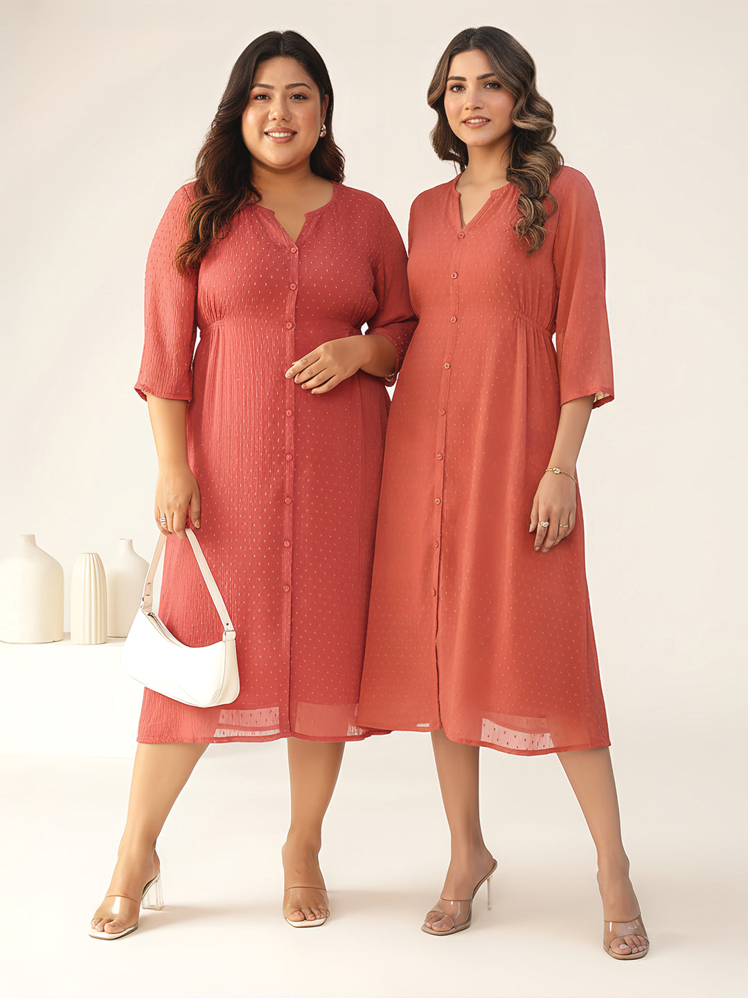 Janasya Women's Plus Size Mauve Dobby Chiffon Self Design A-line Kurta