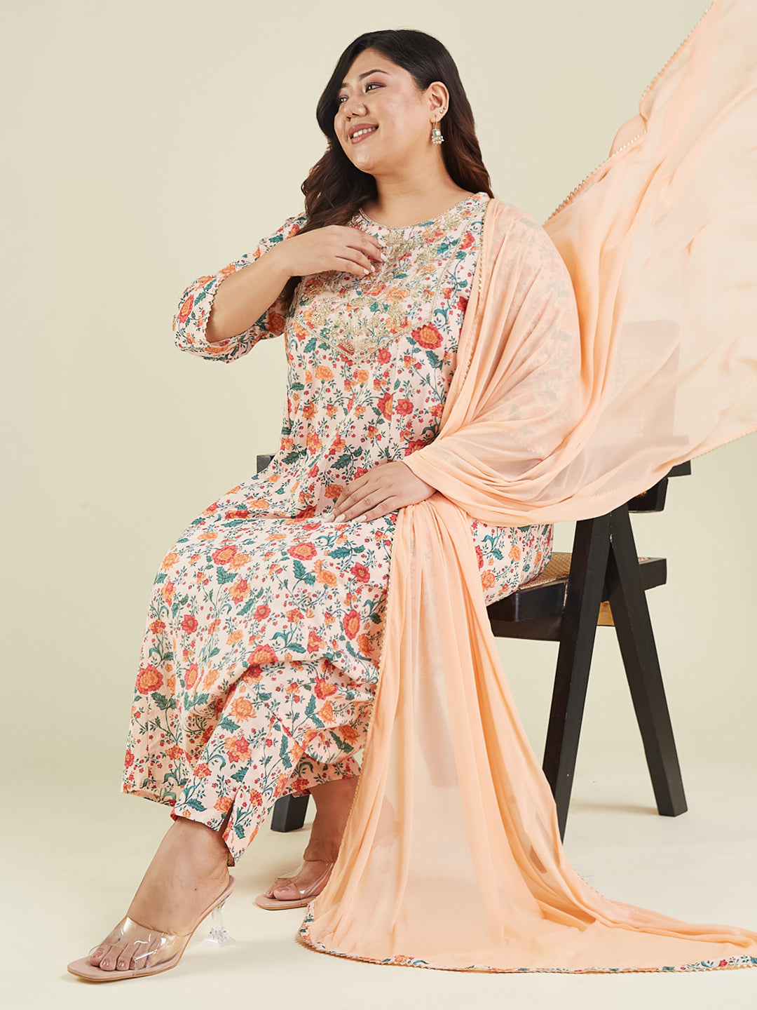Janasya Women's Plus Size Peach Pure Cotton Floral Printed Zari Embroidered Anarkali Kurta Set