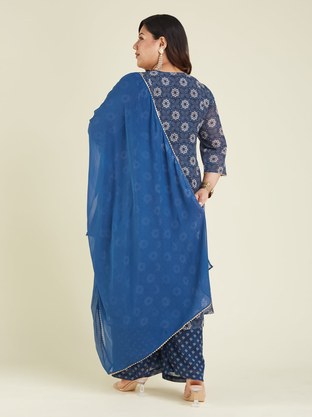 Janasya Women's Plus Size Dark Blue Georgette Ajrakh Printed Embellished Anarkali Kurta Set