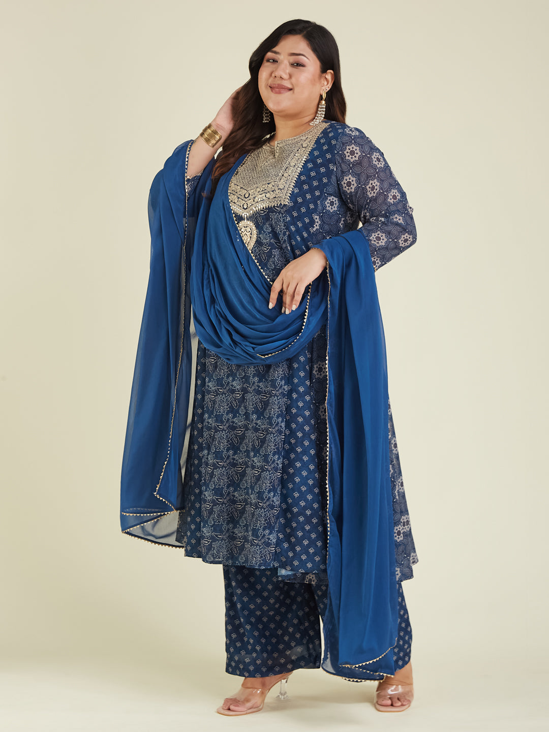 Janasya Women's Plus Size Dark Blue Georgette Ajrakh Printed Embellished Anarkali Kurta Set