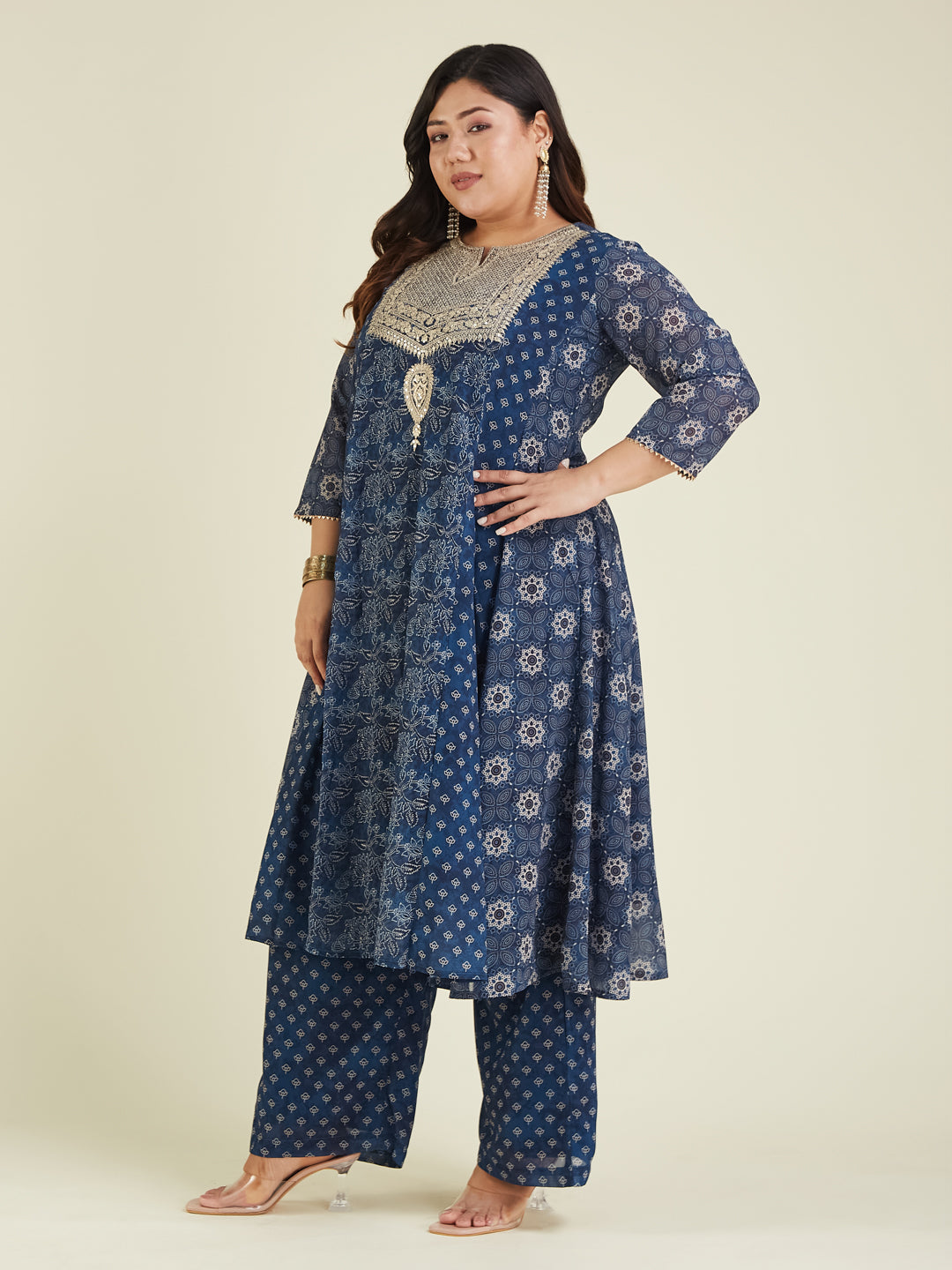 Janasya Women's Plus Size Dark Blue Georgette Ajrakh Printed Embellished Anarkali Kurta Set