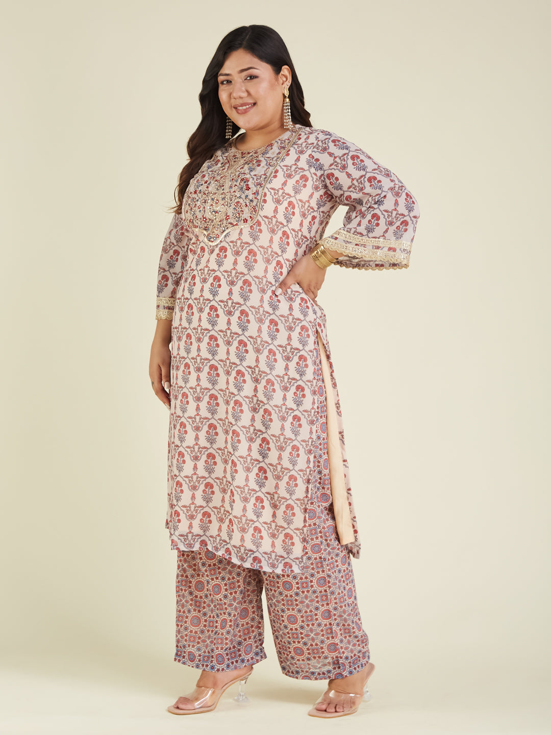 Janasya Women's Plus Size Cream & Maroon Georgette Embroidered Ajrakh Printed Straight Kurta Set